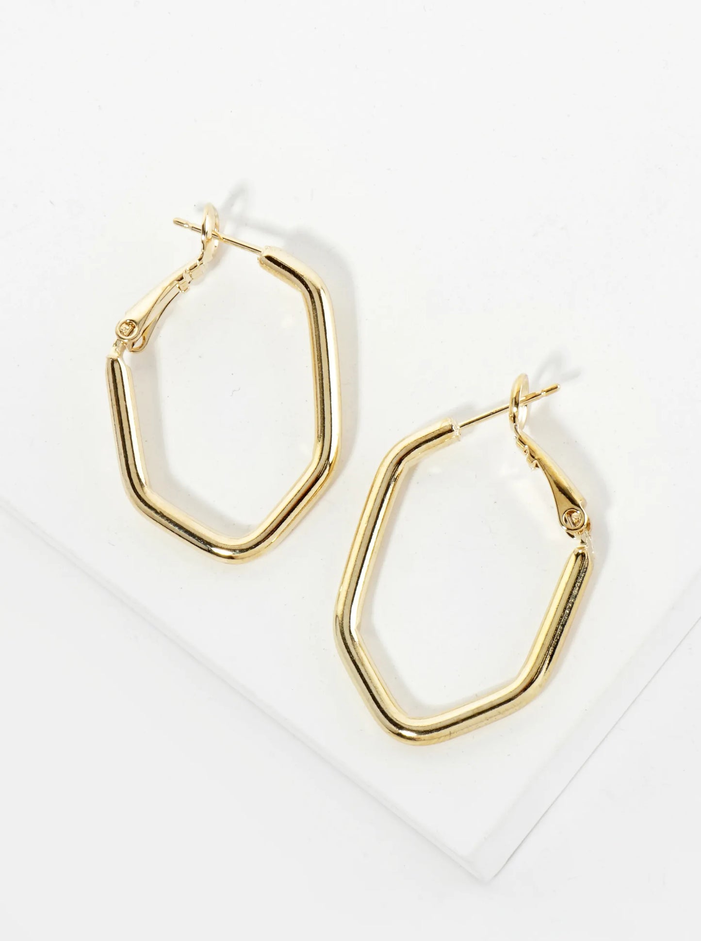 30mm Polished 14K-Gold-Dipped Elongated Hexagon Latch-Back Hoop Earrings