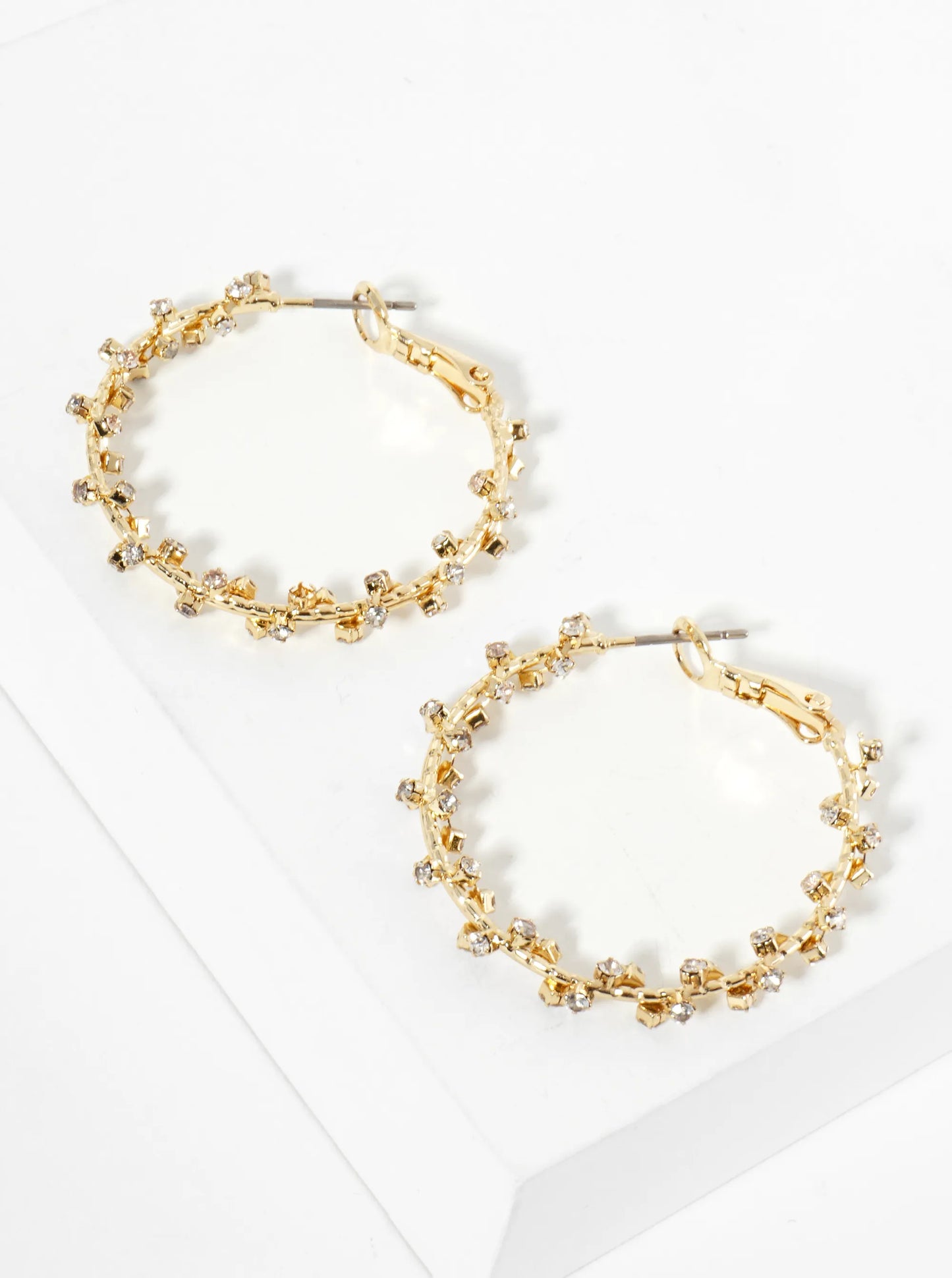 30mm Rhinestone-Wrapped 14K-Gold-Dipped Latch-Back Hoop Earrings