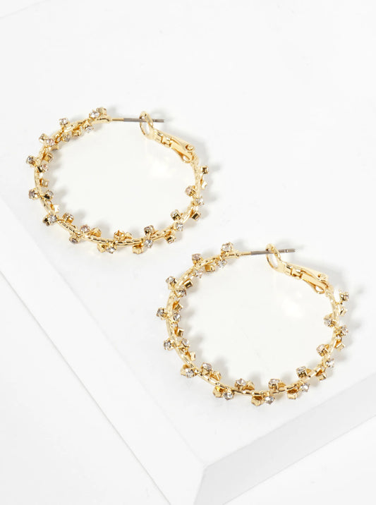 30mm Rhinestone-Wrapped 14K-Gold-Dipped Latch-Back Hoop Earrings