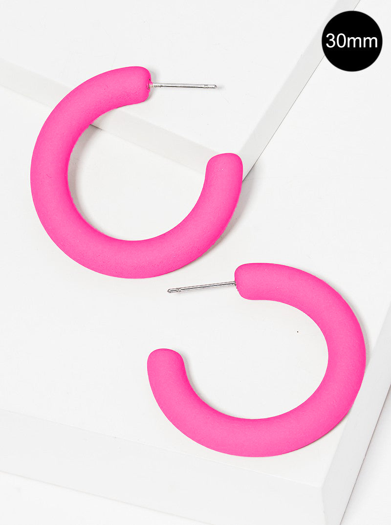 30mm Rubber Coated Matte Hollow Hoop Earrings Hot Pink