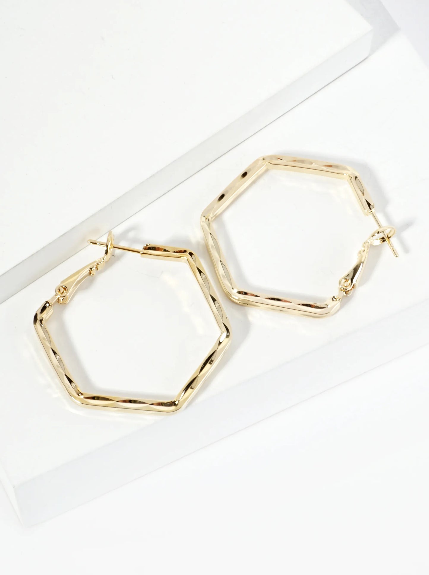 30mm Textured 14K-Gold-Dipped Hexagon Latch Back Hoop Earrings