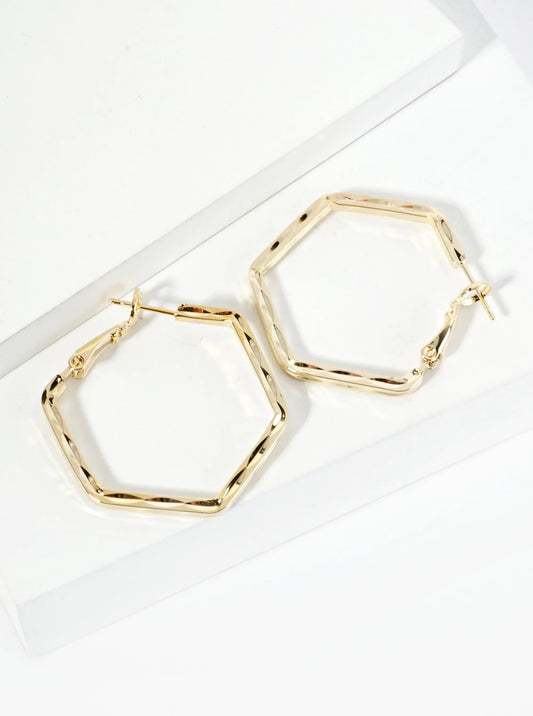 30mm Textured 14K-Gold-Dipped Hexagon Latch Back Hoop Earrings