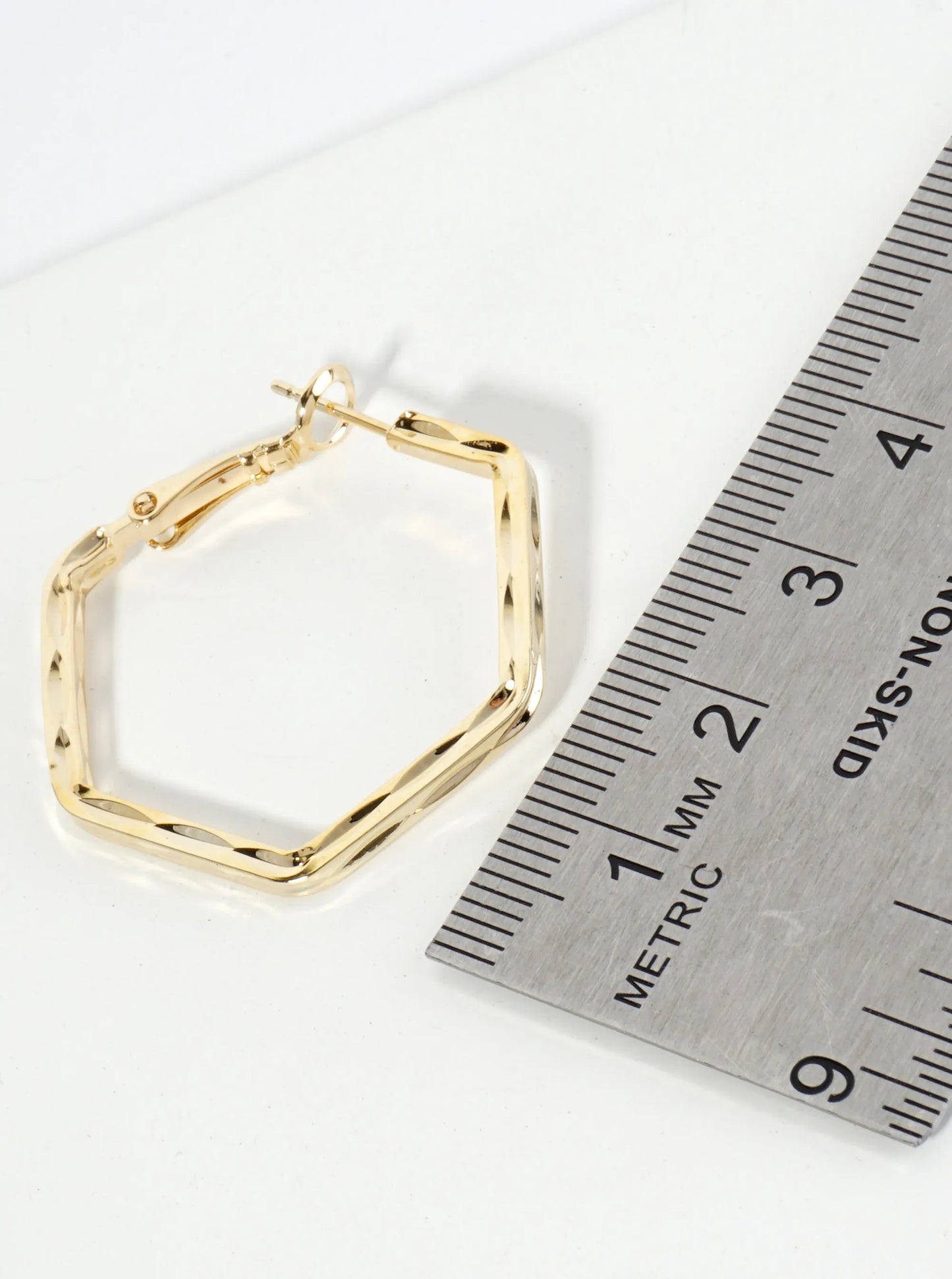 30mm Textured Metal Hexagon Latch Back Hoop Earrings