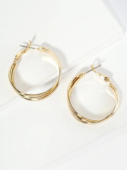 30mm Three Twisted Lines 14K-Gold-Dipped Latch-Back Hoop Earrings