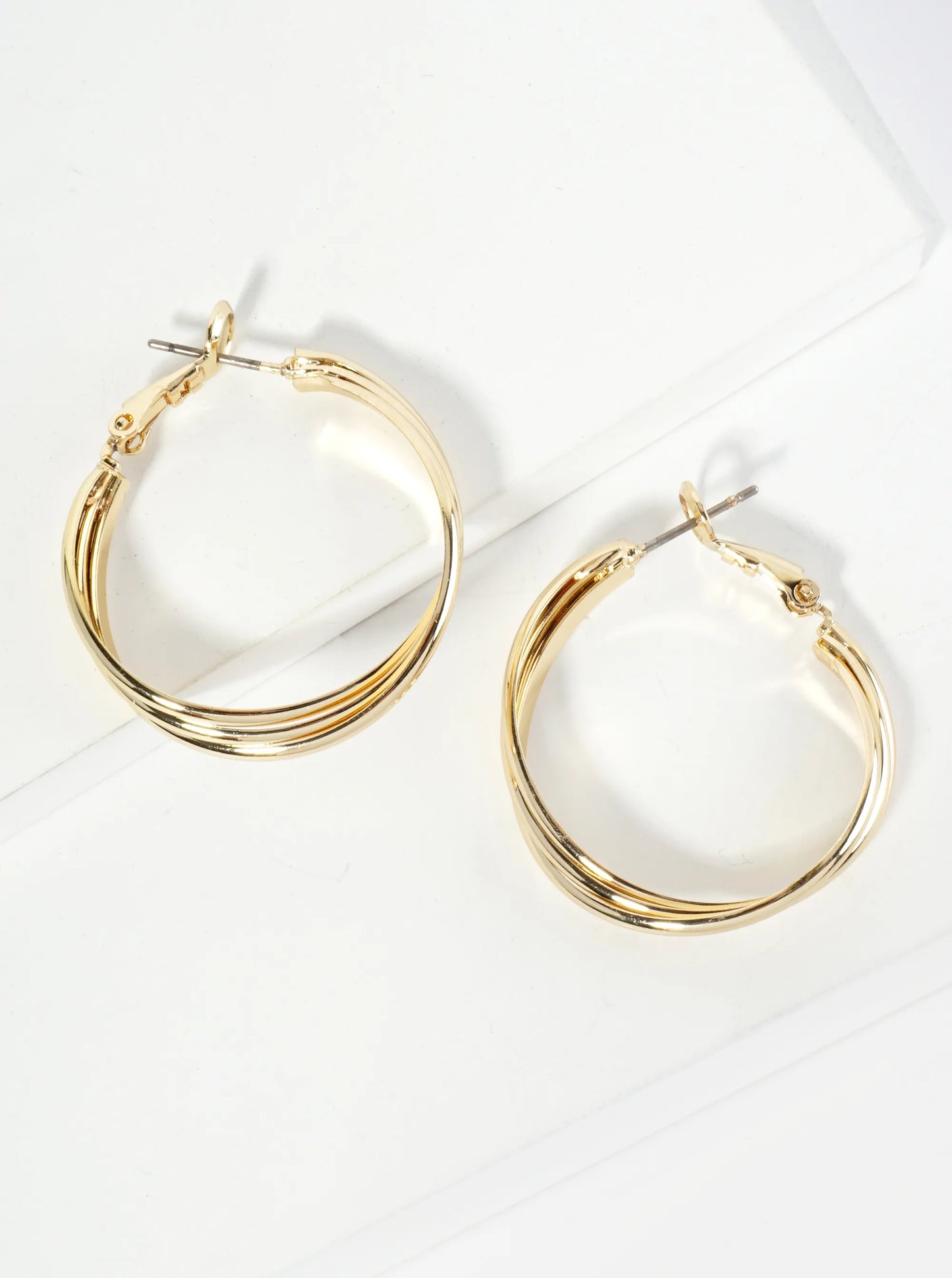 30mm Three Twisted Lines 14K-Gold-Dipped Latch-Back Hoop Earrings