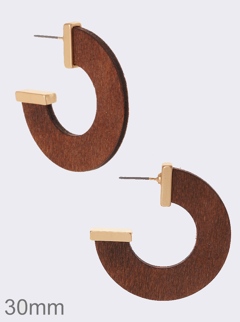 30mm Flat Wooden Open Hoop Earrings