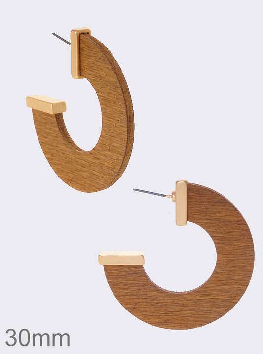 30mm Flat Wooden Open Hoop Earrings