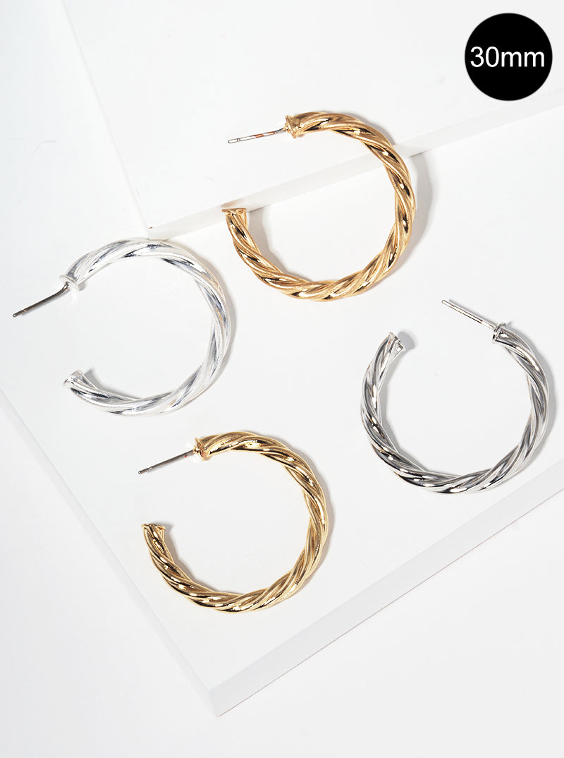 30mm Rope Textured Metal Open Hoop Earrings