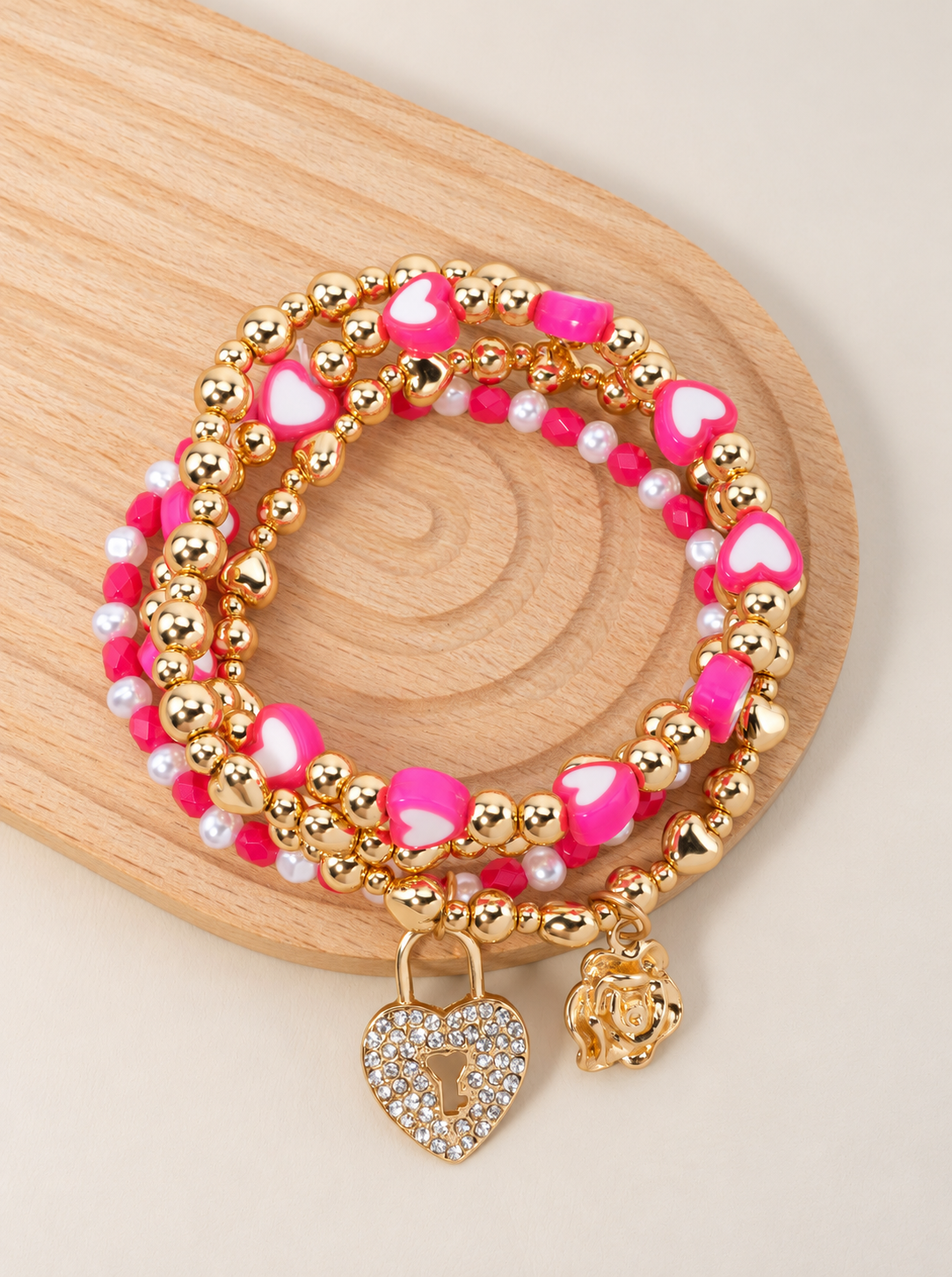 Heart Beaded Love Stacked Stretch Bracelet - HOT PINK