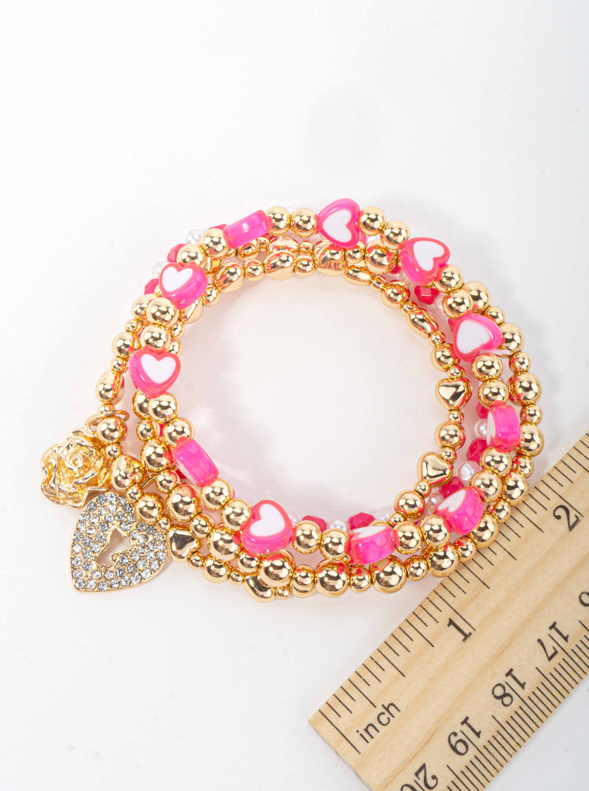 Heart Beaded Love Stacked Stretch Bracelet - HOT PINK