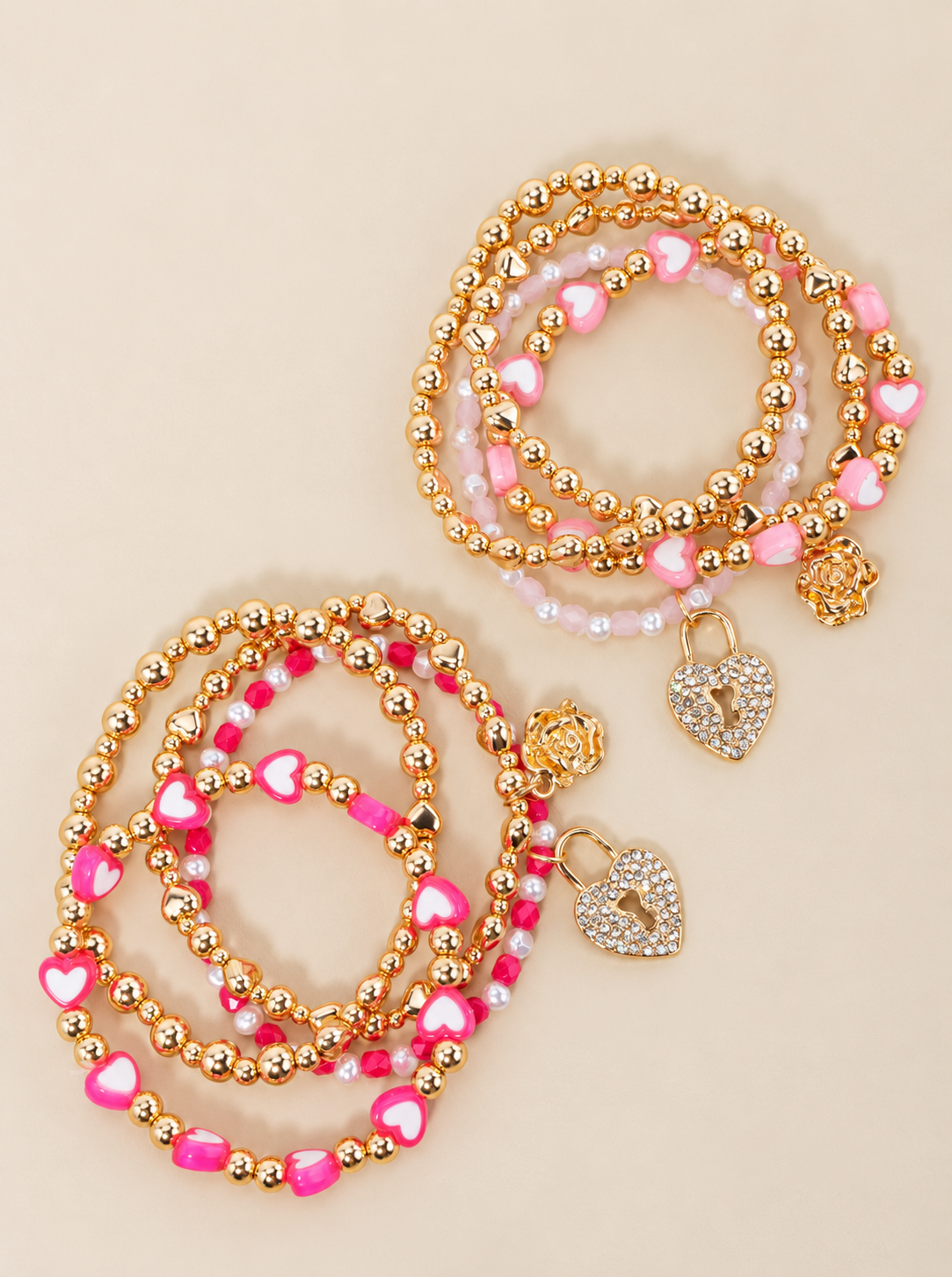 Heart Beaded Love Stacked Stretch Bracelet - HOT PINK
