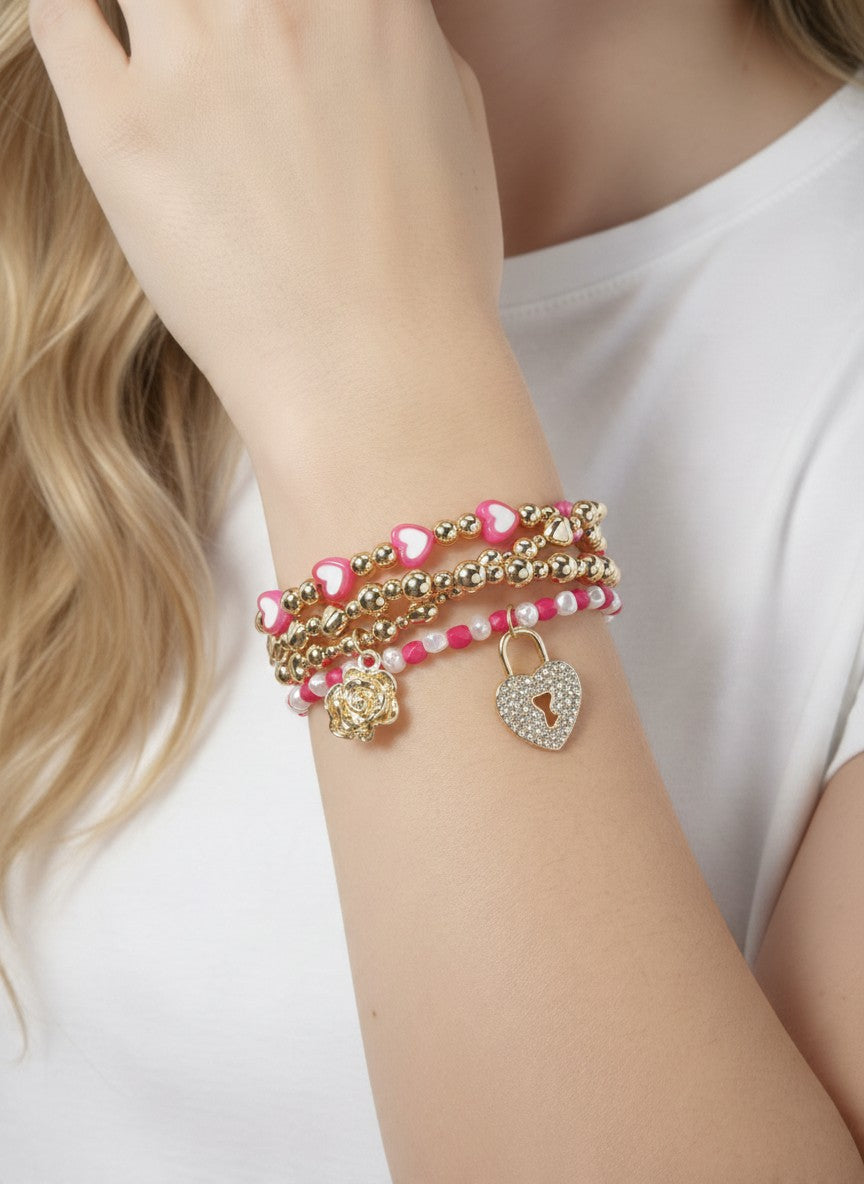 Heart Beaded Love Stacked Stretch Bracelet - HOT PINK