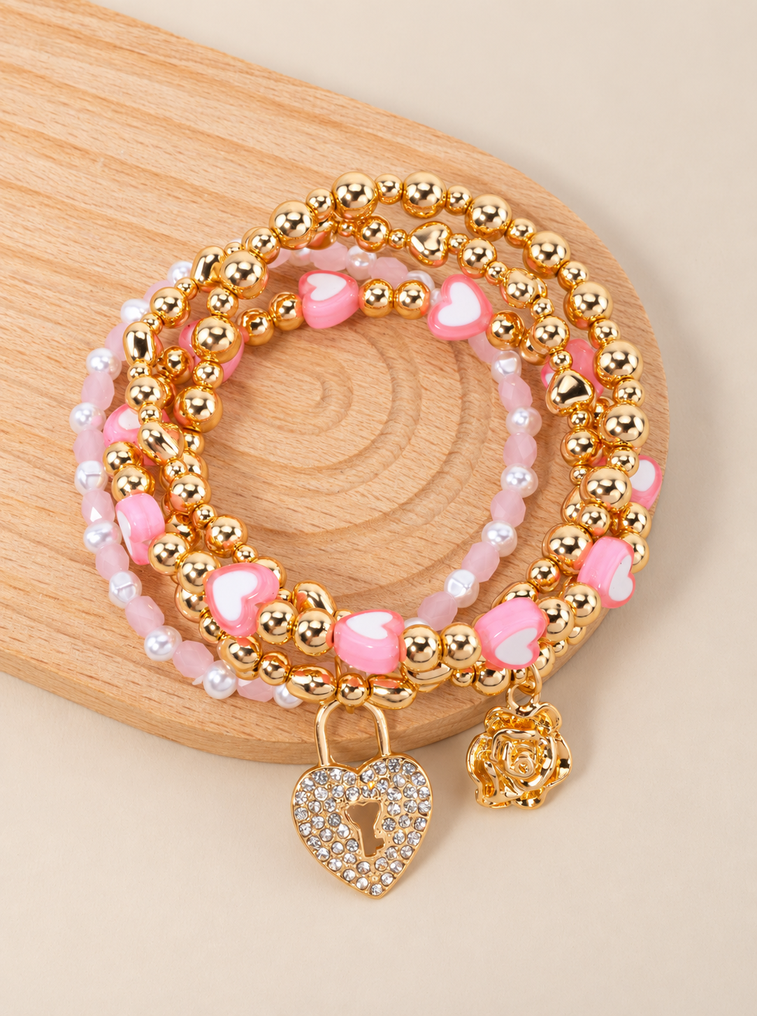 Heart Beaded Love Stacked Stretch Bracelet - LIGHT PINK