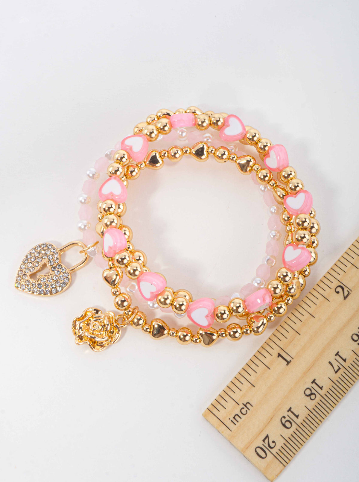 Heart Beaded Love Stacked Stretch Bracelet - LIGHT PINK