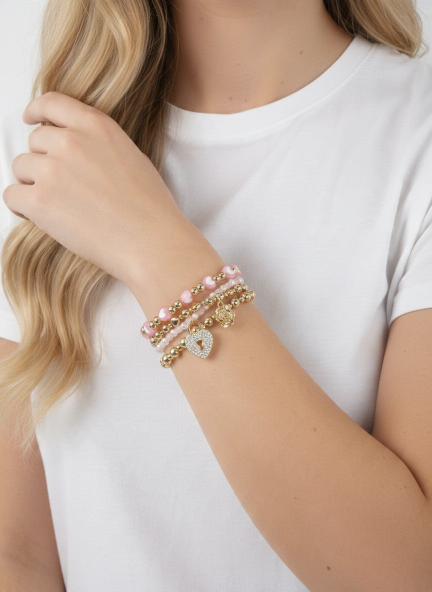 Heart Beaded Love Stacked Stretch Bracelet - LIGHT PINK