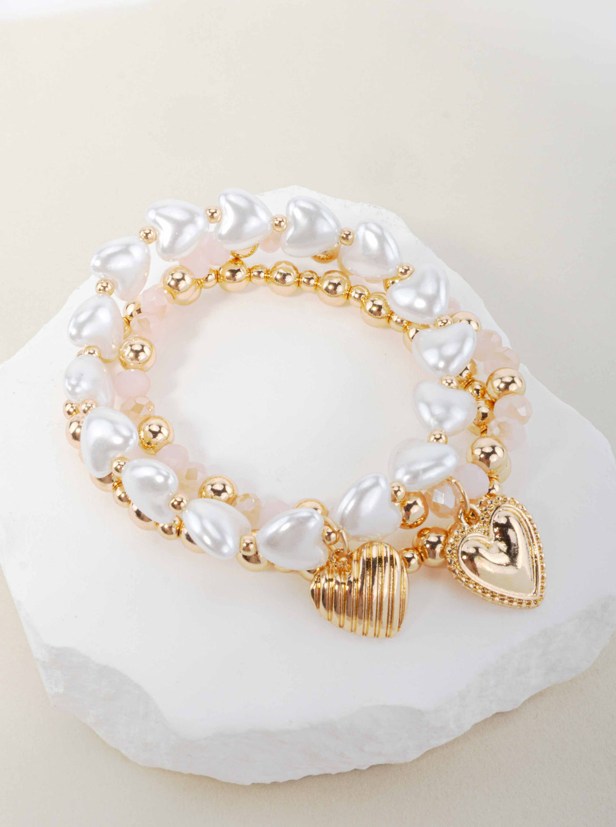 Heart Charm Beaded Resin Pearl Stretch Bracelet - IVORY