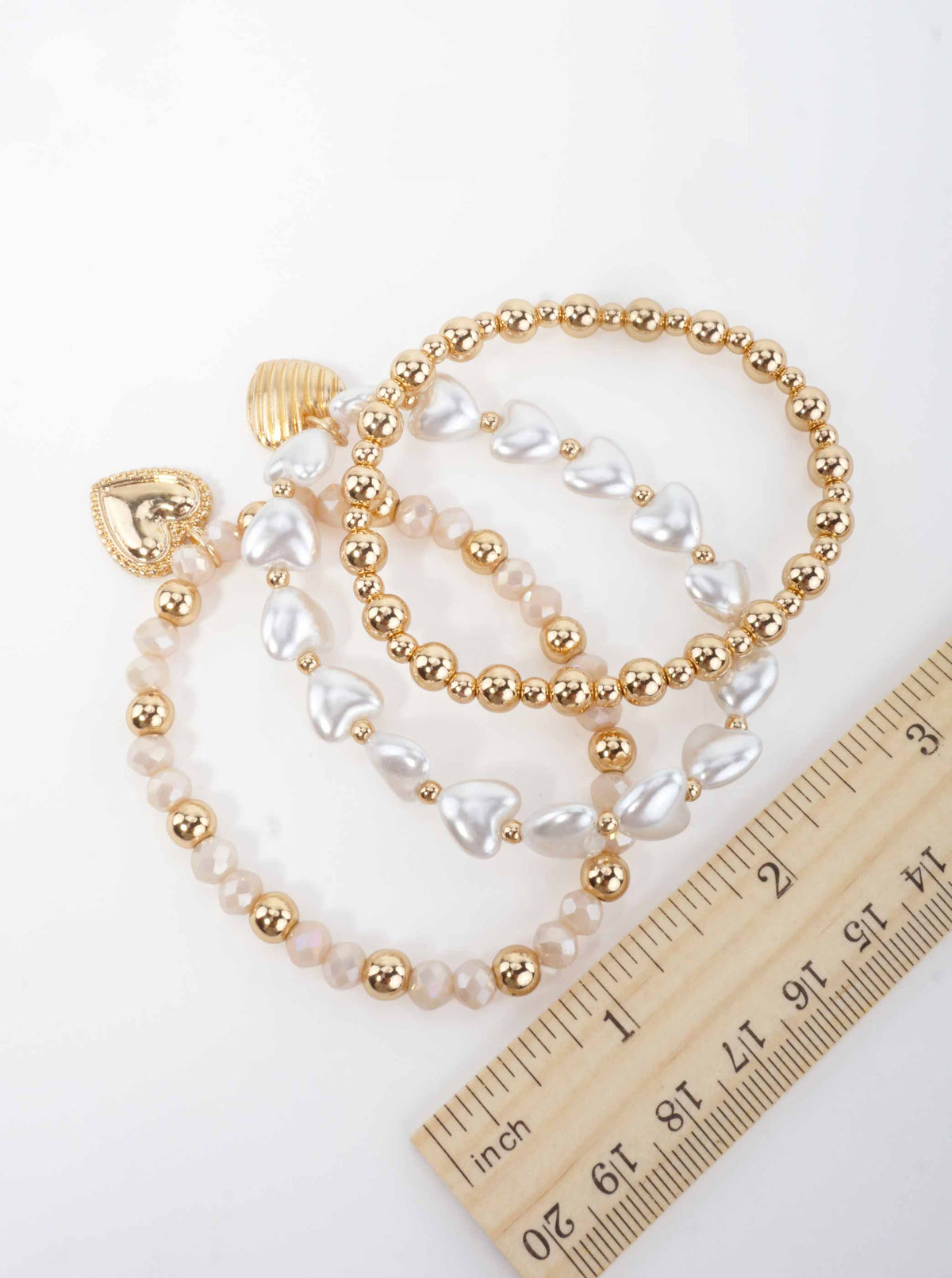 Heart Charm Beaded Resin Pearl Stretch Bracelet - IVORY