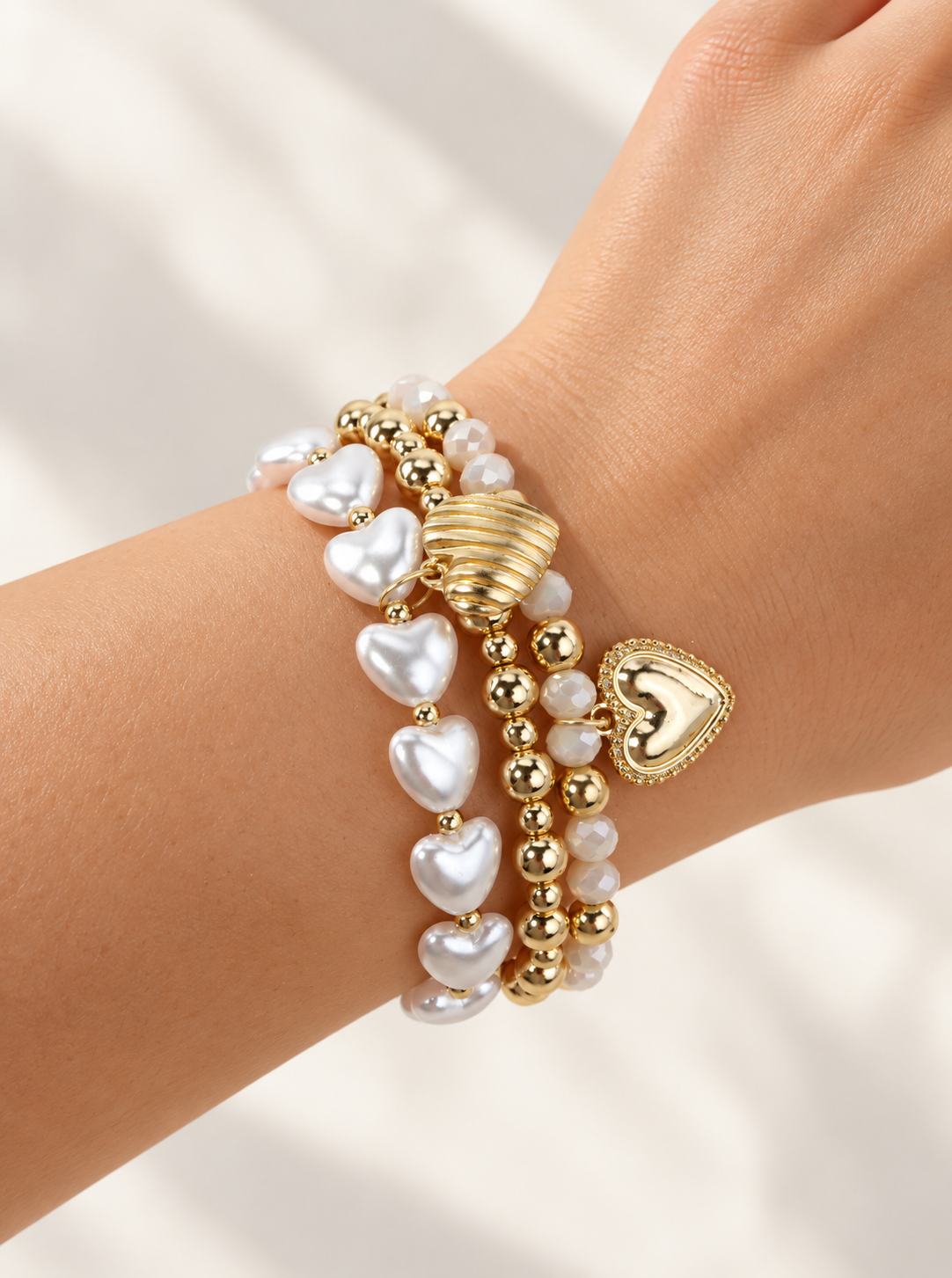 Heart Charm Beaded Resin Pearl Stretch Bracelet - IVORY