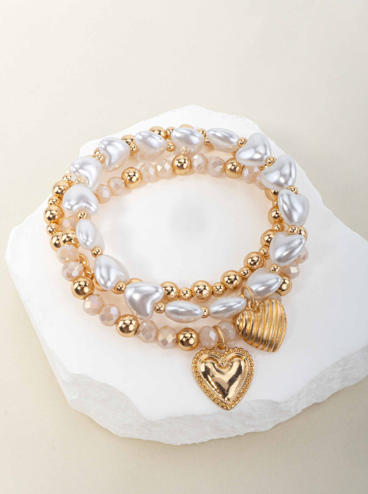 Heart Charm Beaded Resin Pearl Stretch Bracelet - PEACH