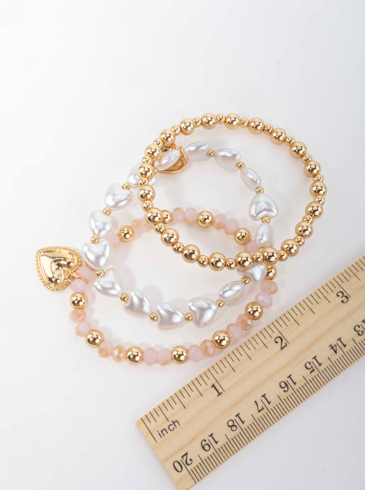 Heart Charm Beaded Resin Pearl Stretch Bracelet - PEACH