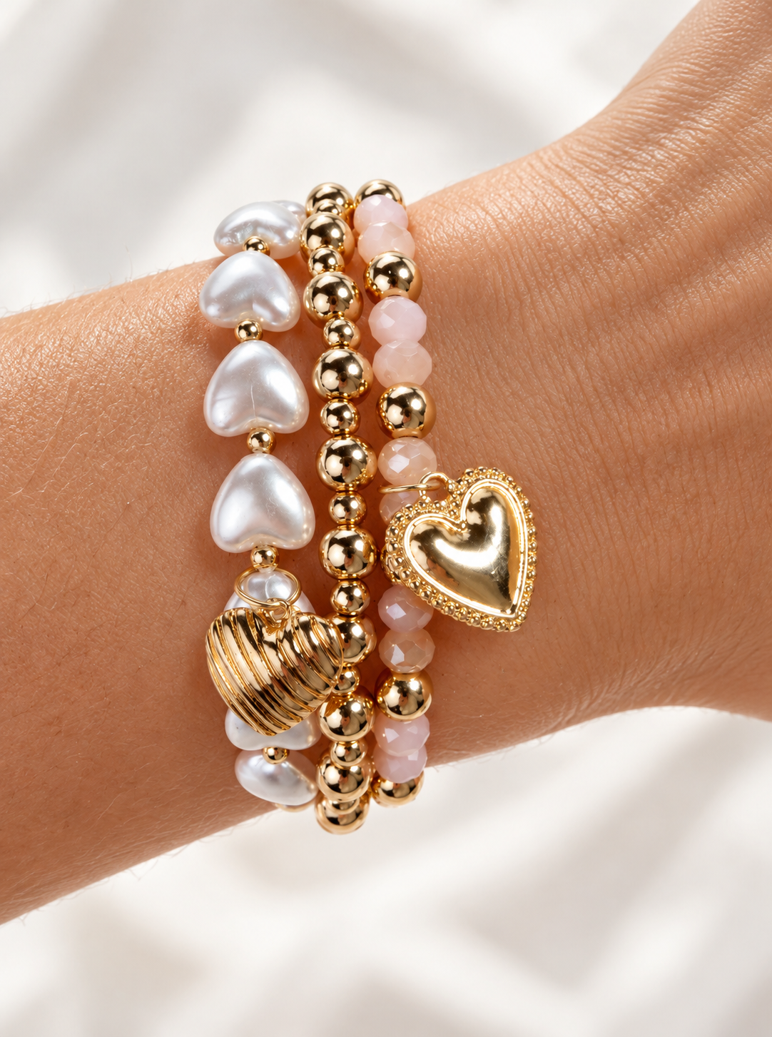 Heart Charm Beaded Resin Pearl Stretch Bracelet - PEACH