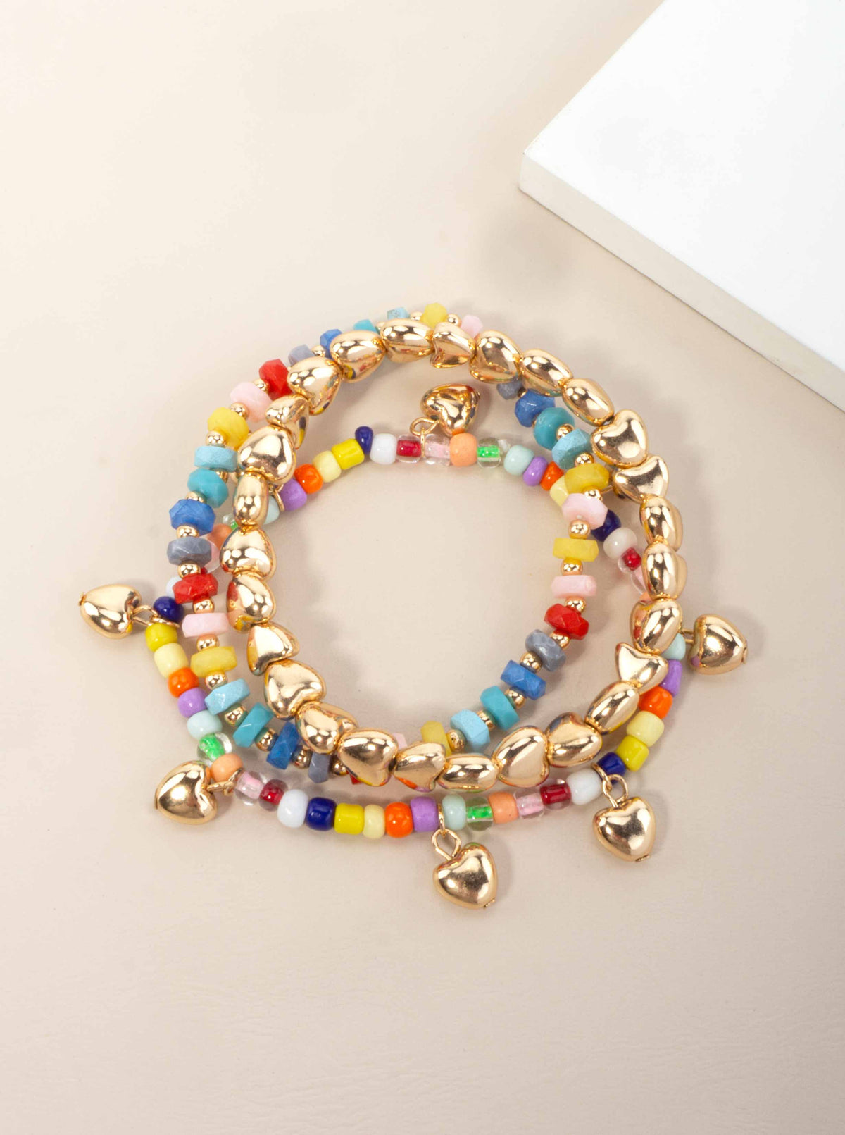 Heart Charm Polished Beaded Stack Stretch Bracelet - MULTI
