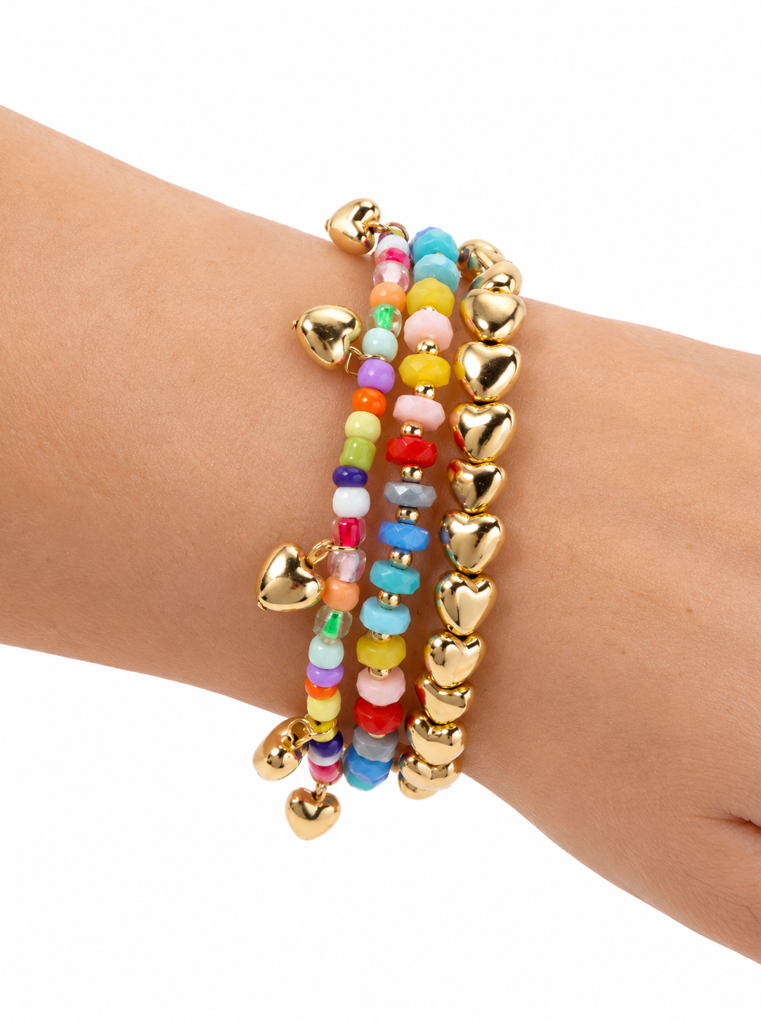 Heart Charm Polished Beaded Stack Stretch Bracelet - MULTI