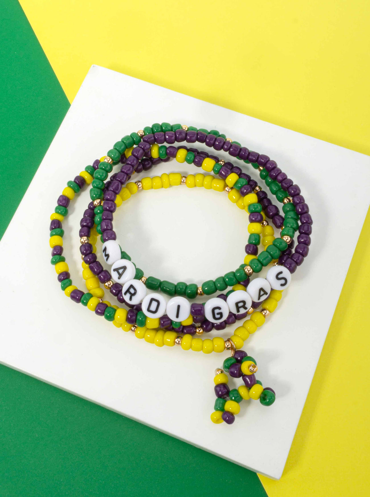 Mardi Gras Beaded Stretch Bracelet Set - Purple Yellow Green