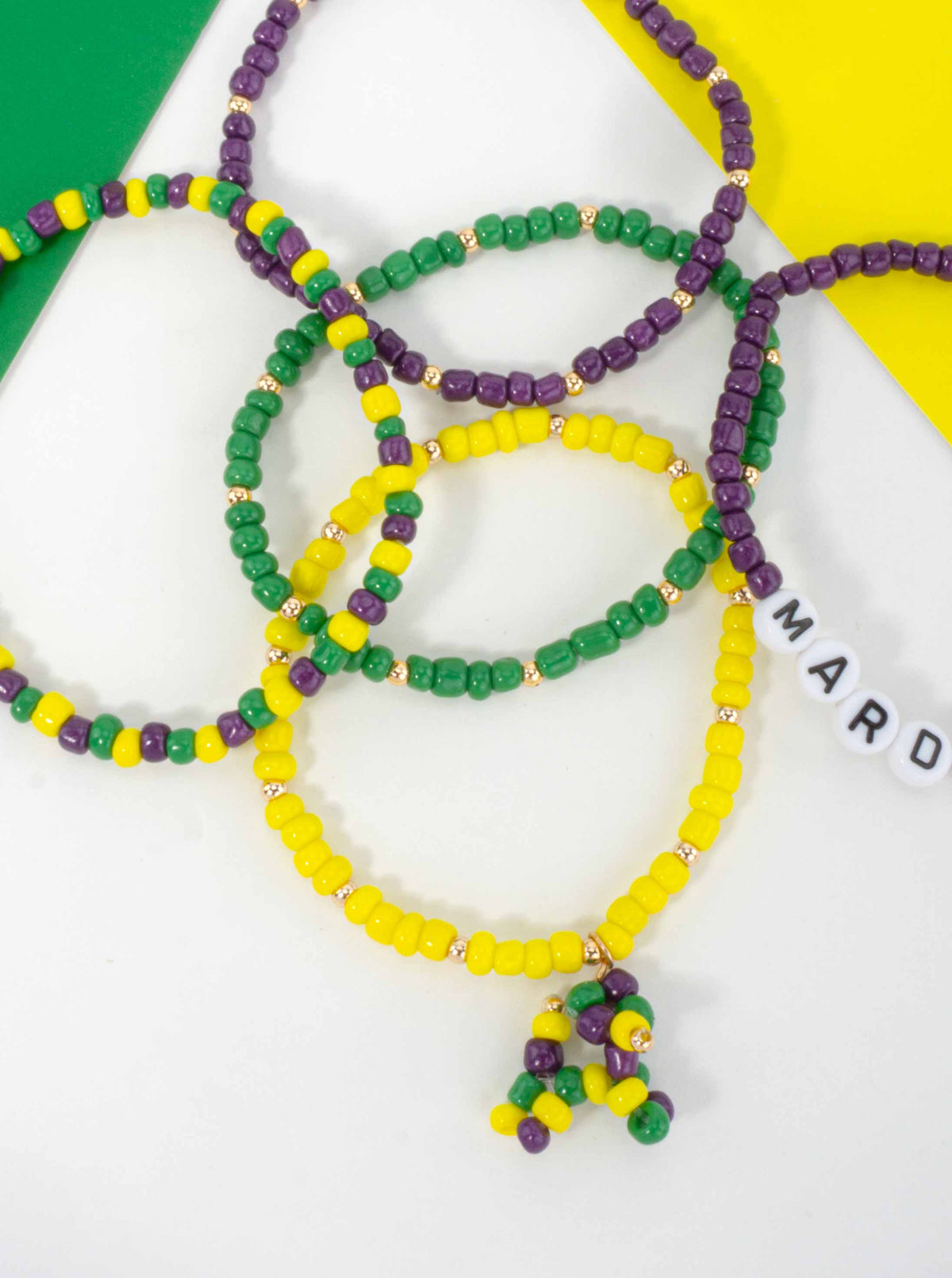 Mardi Gras Beaded Stretch Bracelet Set - Purple Yellow Green