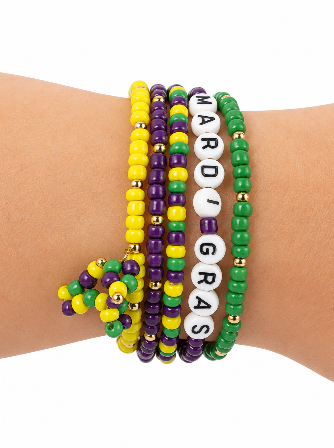 Mardi Gras Beaded Stretch Bracelet Set - Purple Yellow Green