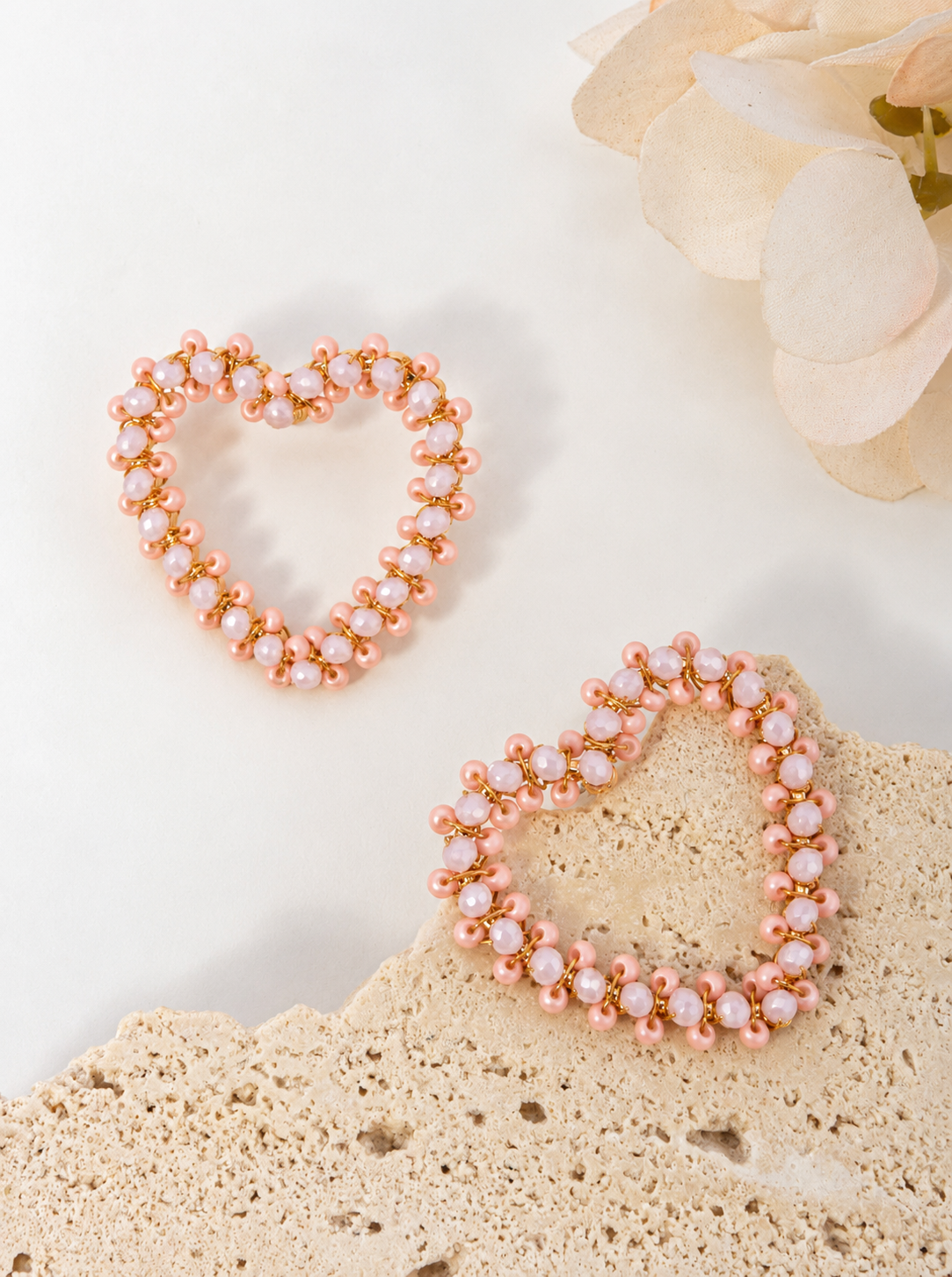 Beaded Heart Glass Dangle Drop Earrings - LIGHT PINK