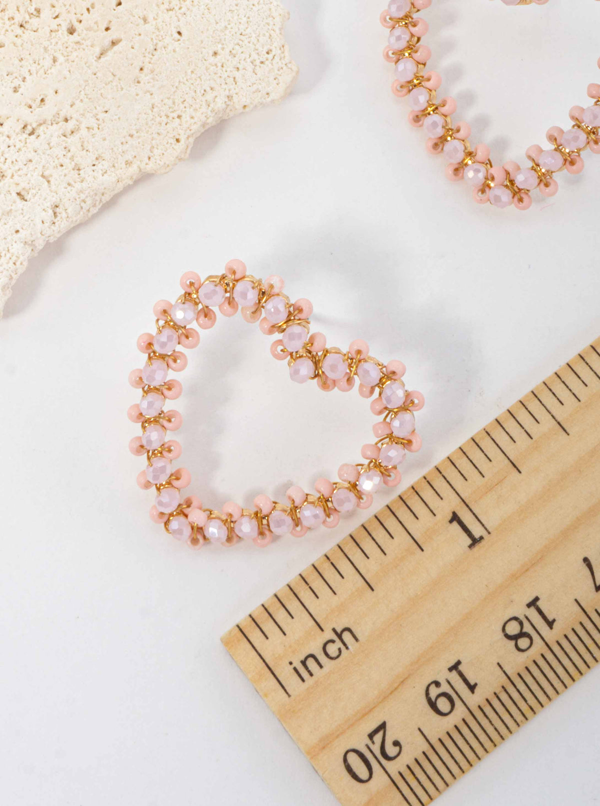Beaded Heart Glass Dangle Drop Earrings - LIGHT PINK