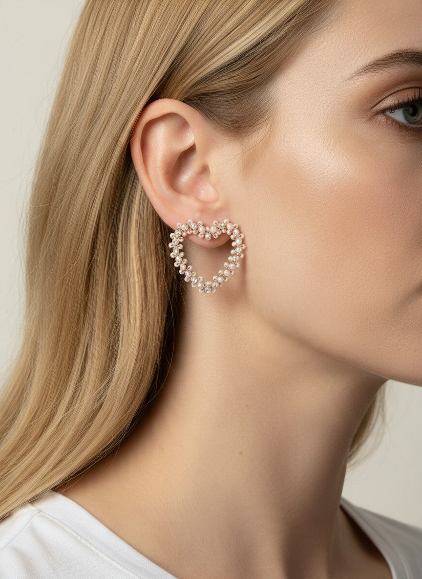 Beaded Heart Glass Dangle Drop Earrings - LIGHT PINK