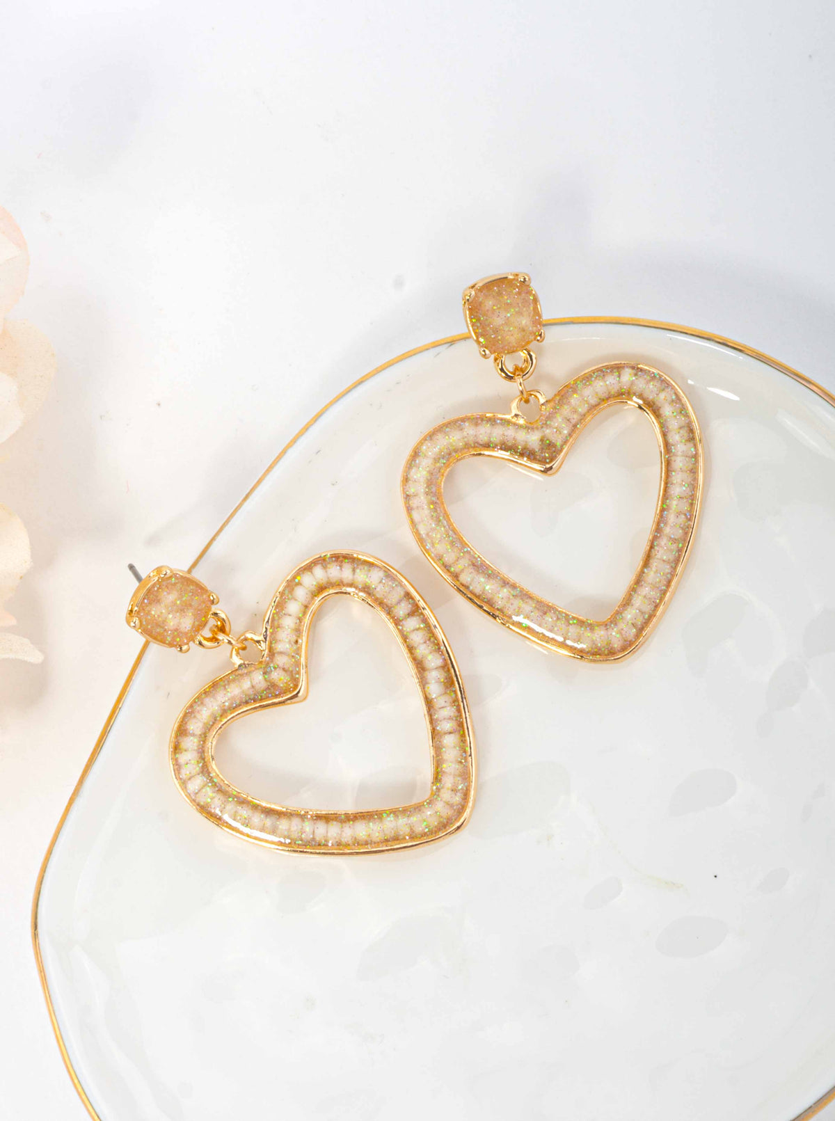 Glitter Resin Heart Open Drop Earrings - IVORY
