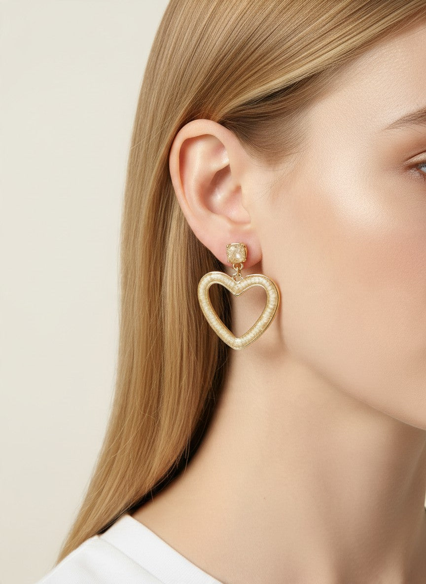 Glitter Resin Heart Open Drop Earrings - IVORY