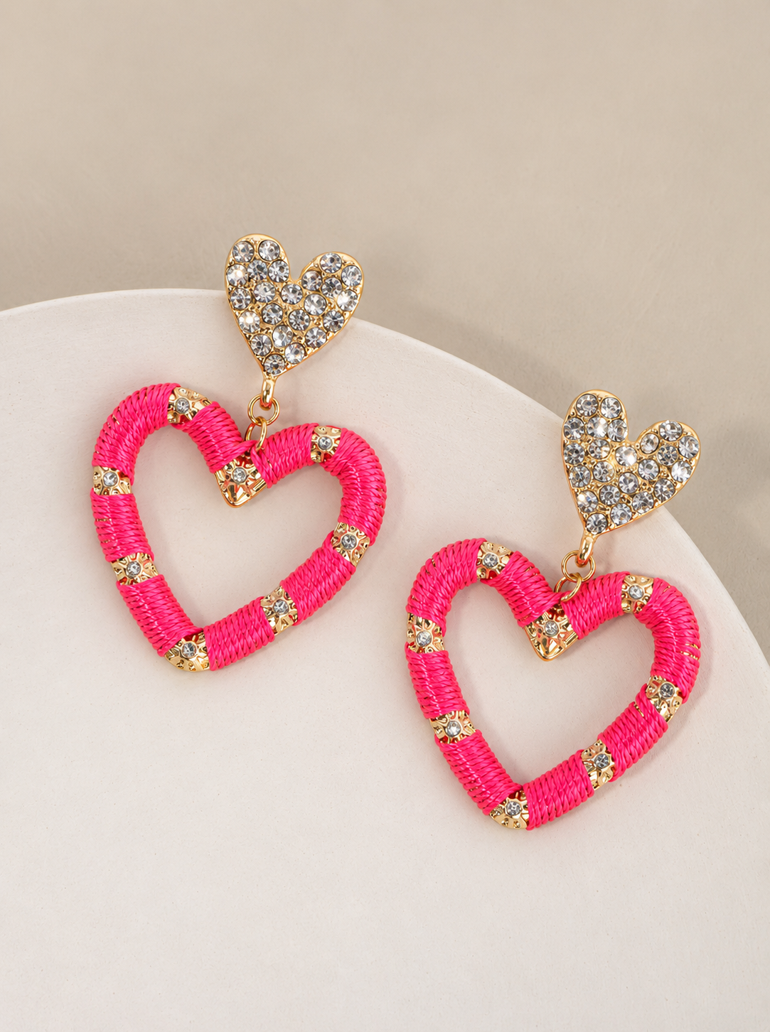 Rhinestone Heart Thread Wrapped Drop Earrings - GOLD-PINK