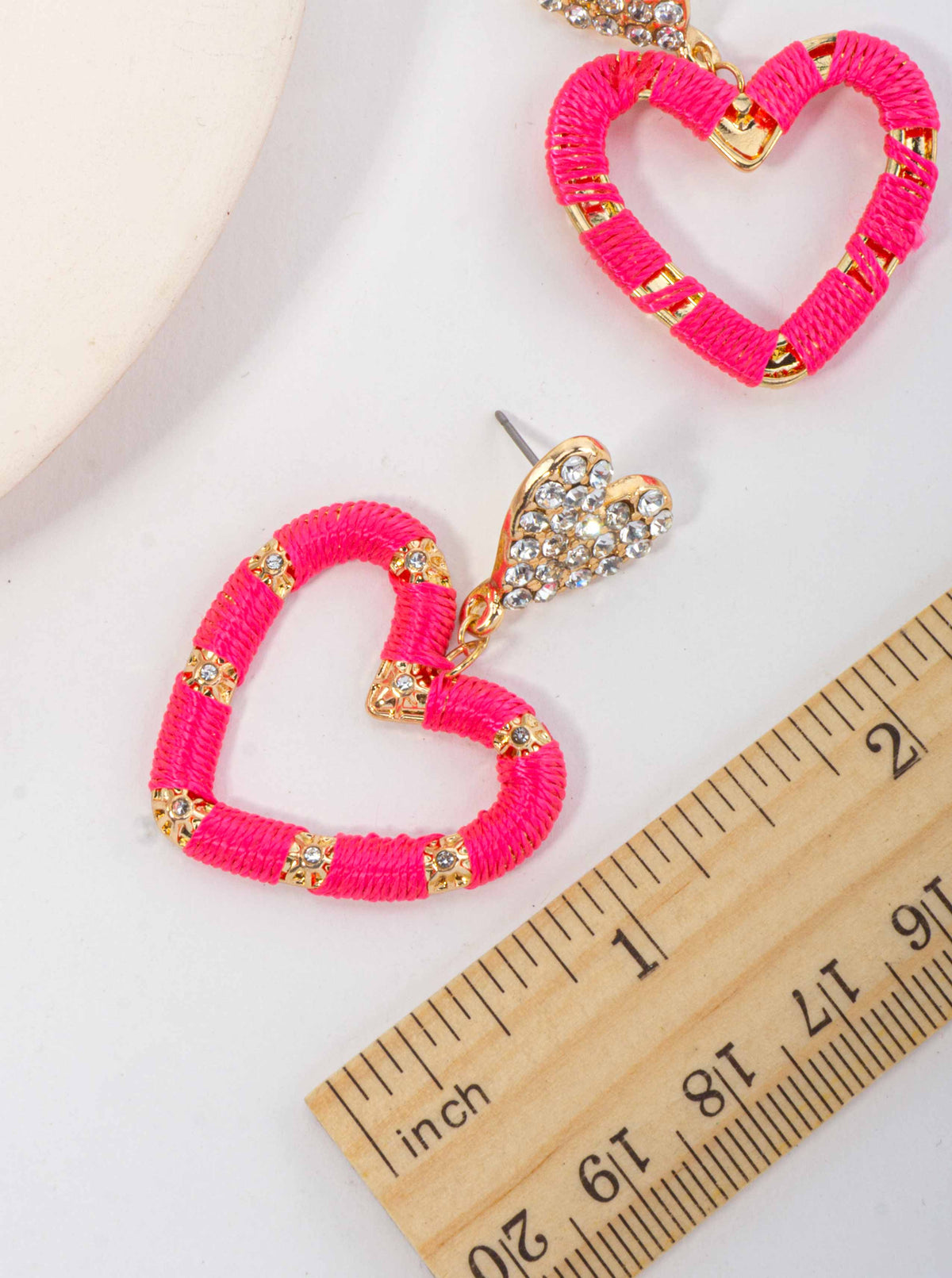 Rhinestone Heart Thread Wrapped Drop Earrings - GOLD-PINK