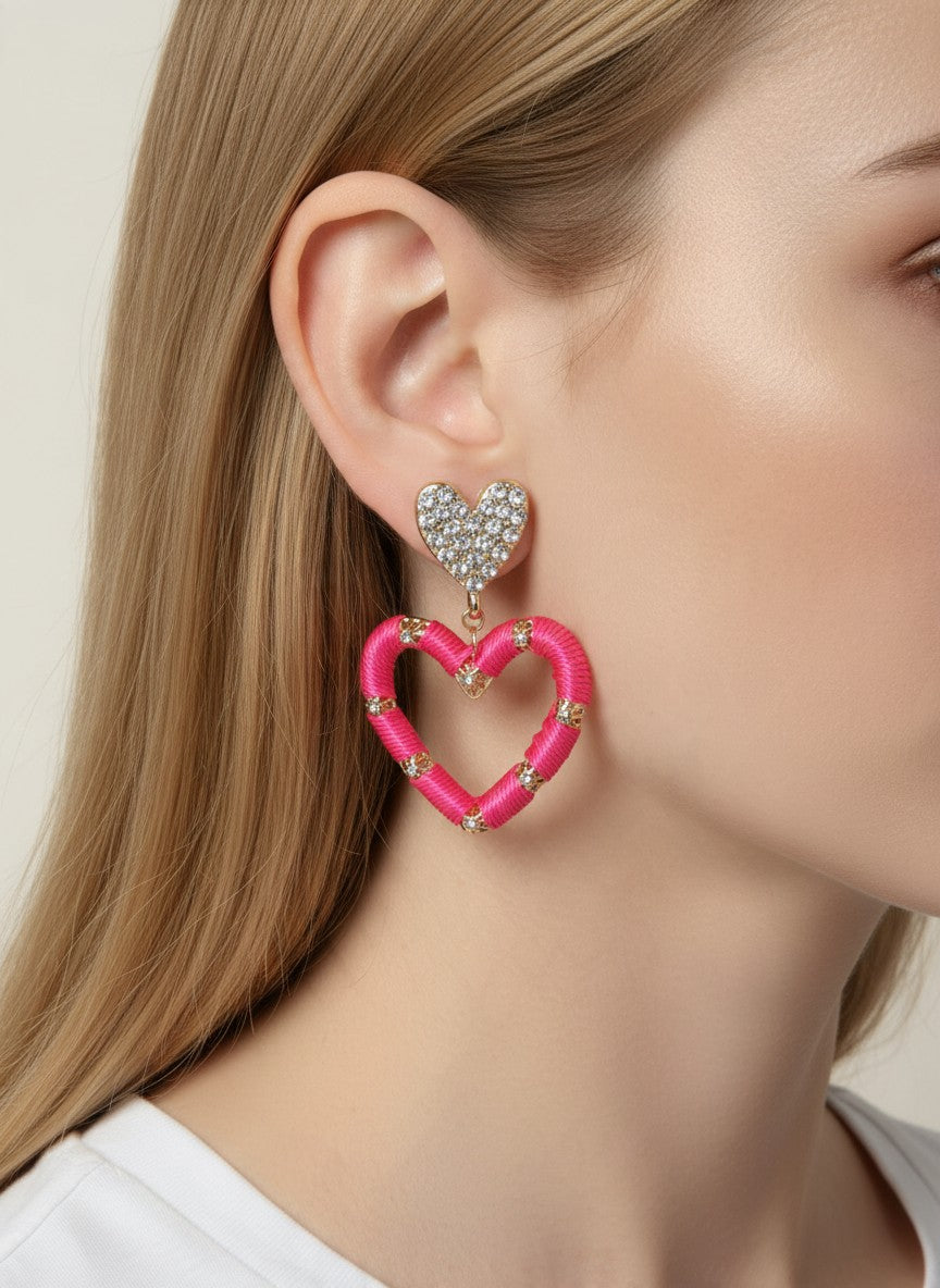 Rhinestone Heart Thread Wrapped Drop Earrings - GOLD-PINK