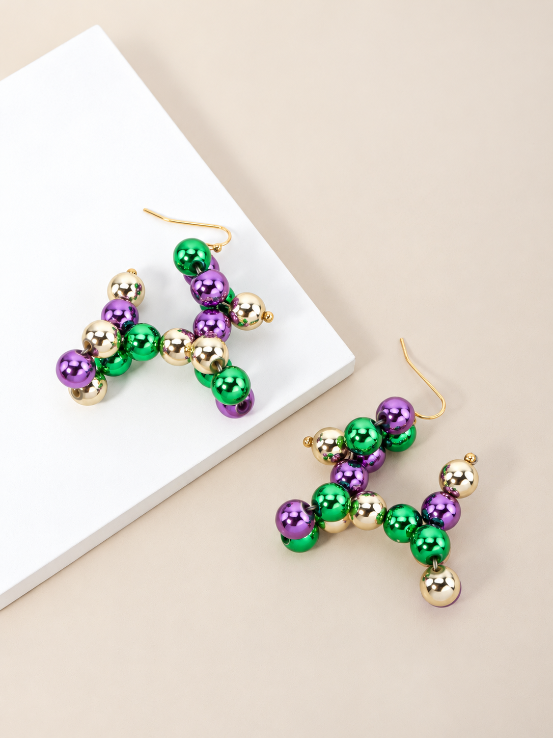 Metallic Balloon Dog Beaded Hook Earrings - Purple Yellow Green