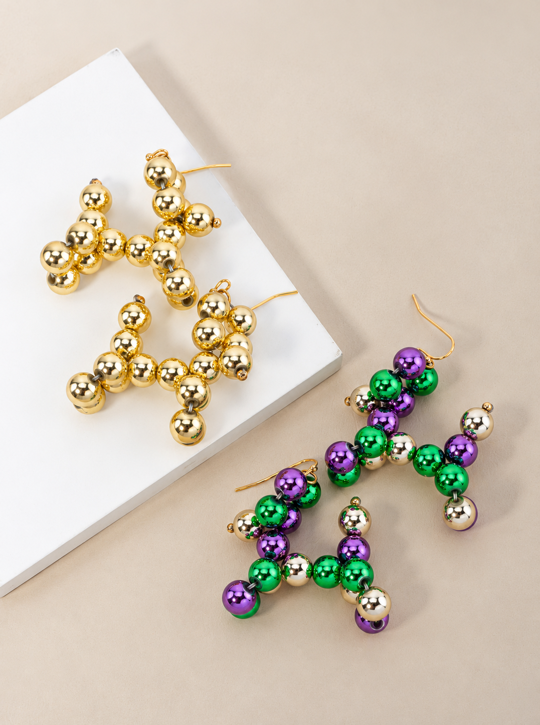 Metallic Balloon Dog Beaded Hook Earrings - Purple Yellow Green