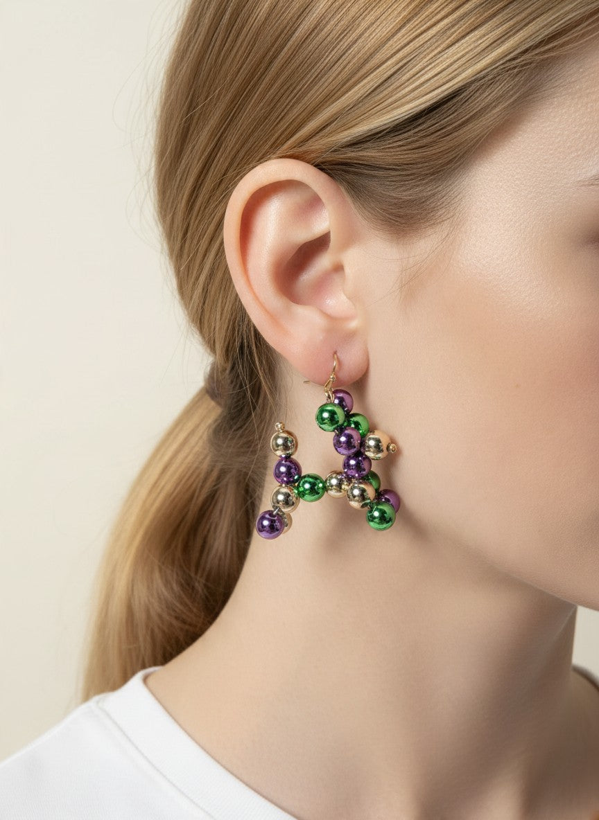 Metallic Balloon Dog Beaded Hook Earrings - Purple Yellow Green