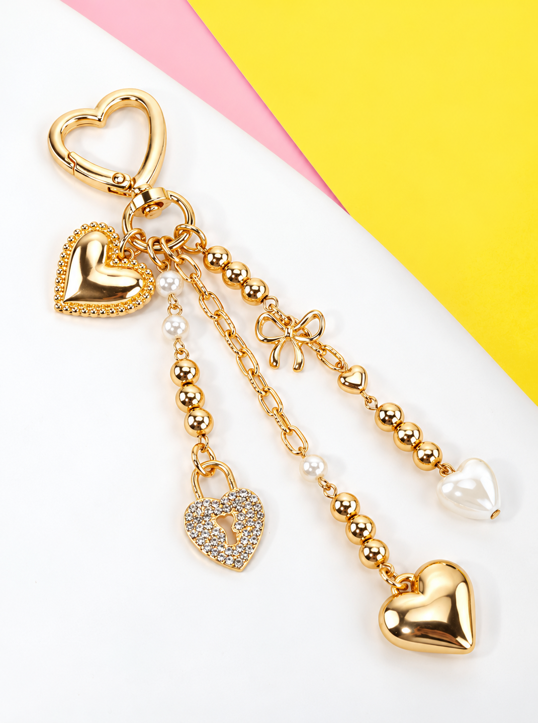 Polished Rhinestone Heart Lock Bag Keychain - GOLD