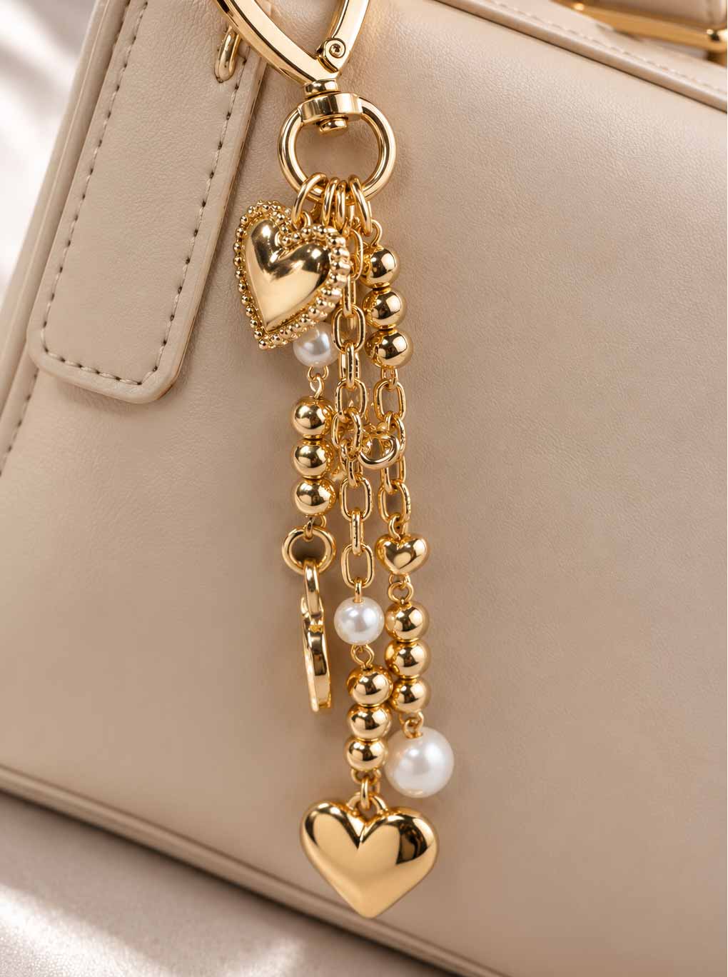 Polished Rhinestone Heart Lock Bag Keychain - GOLD