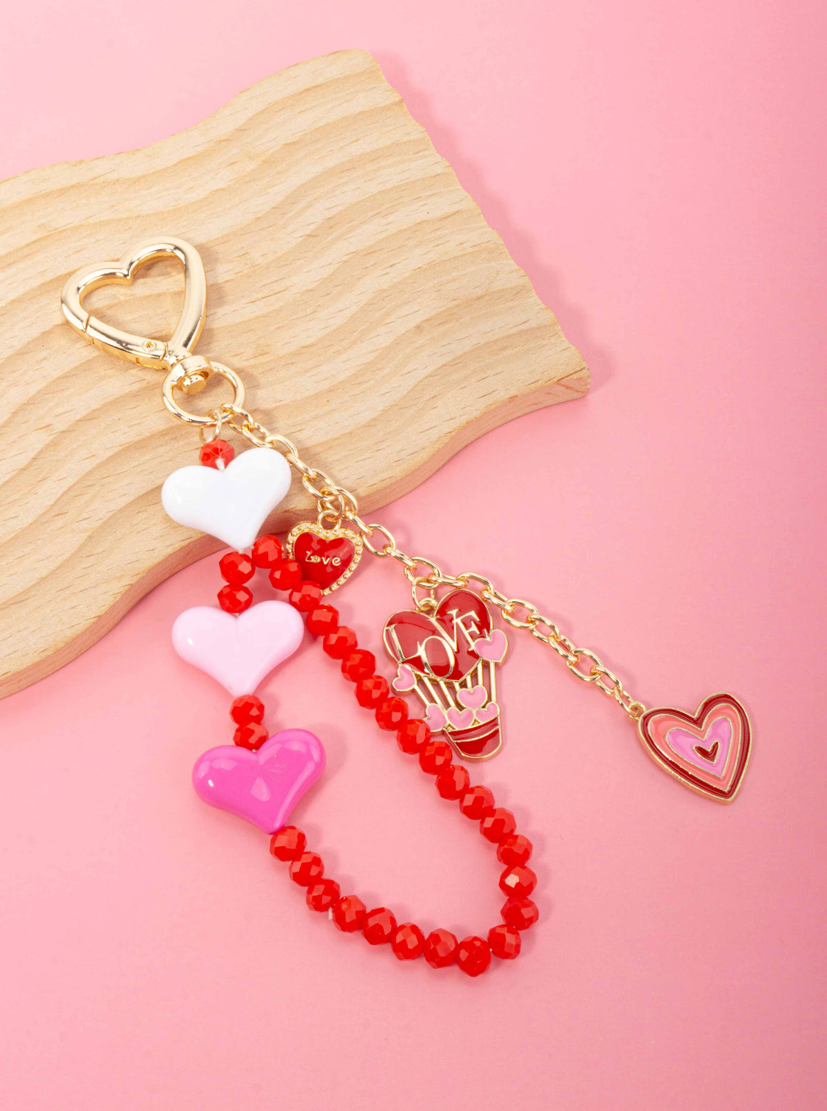 Heart Beaded Enamel Love Charm Bag Keychain - GOLD-RED