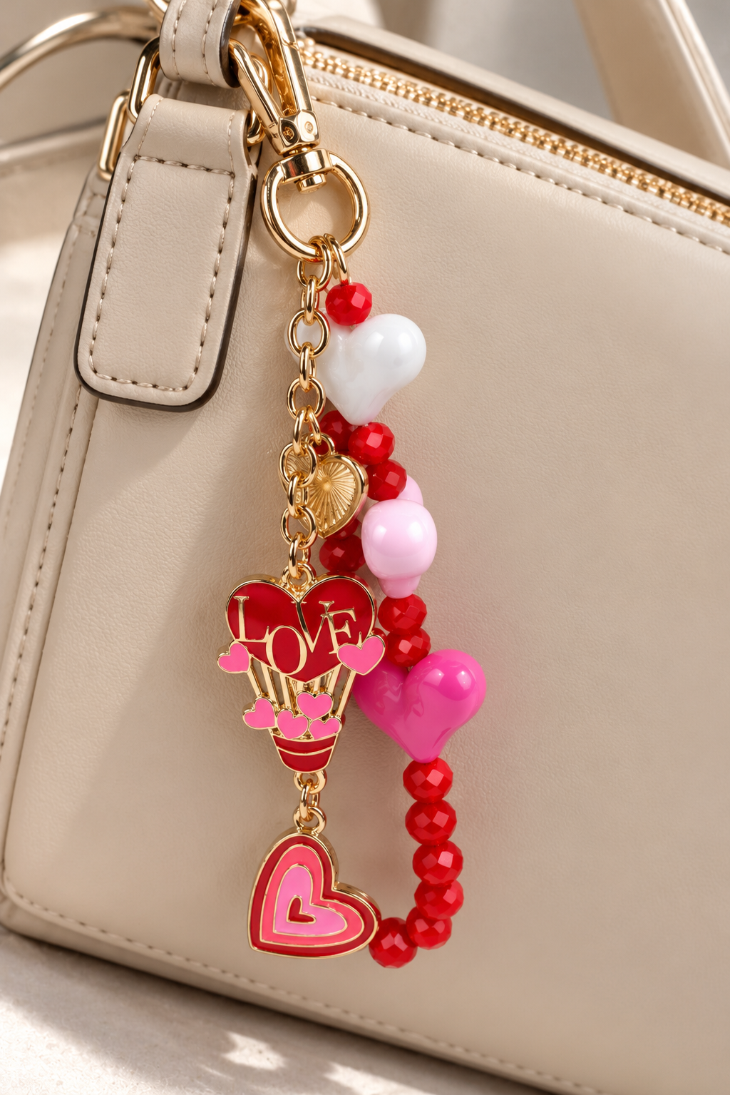 Heart Beaded Enamel Love Charm Bag Keychain - GOLD-RED