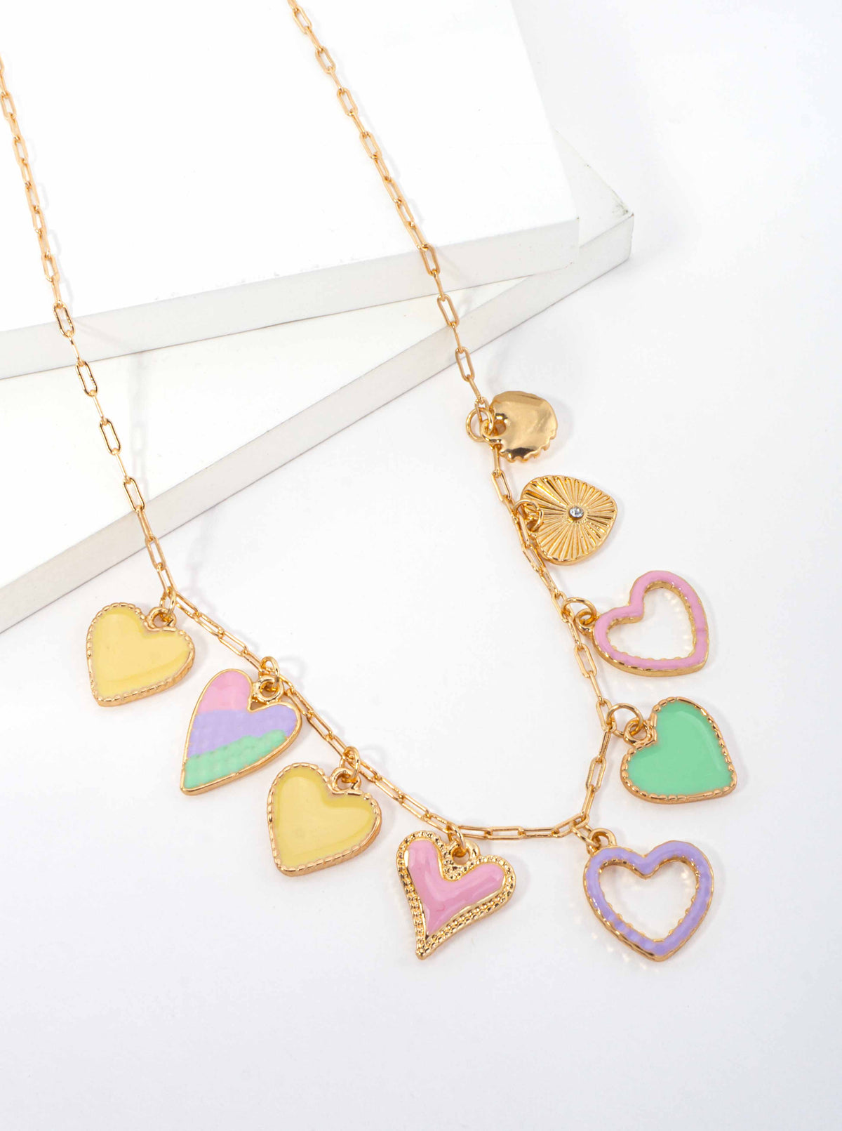 Pastel Enameled Heart Charm Necklace - GOLD