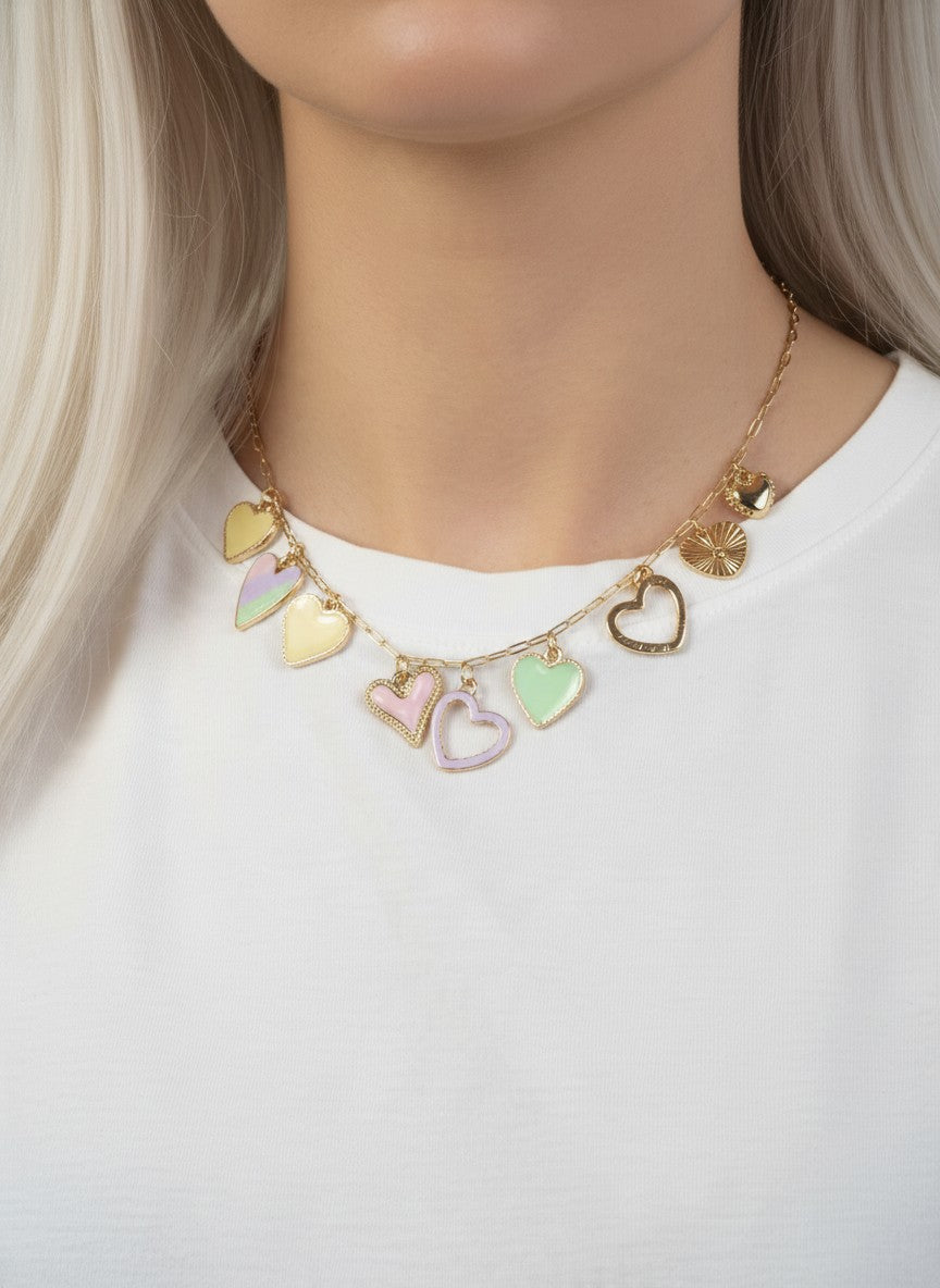 Pastel Enameled Heart Charm Necklace - GOLD