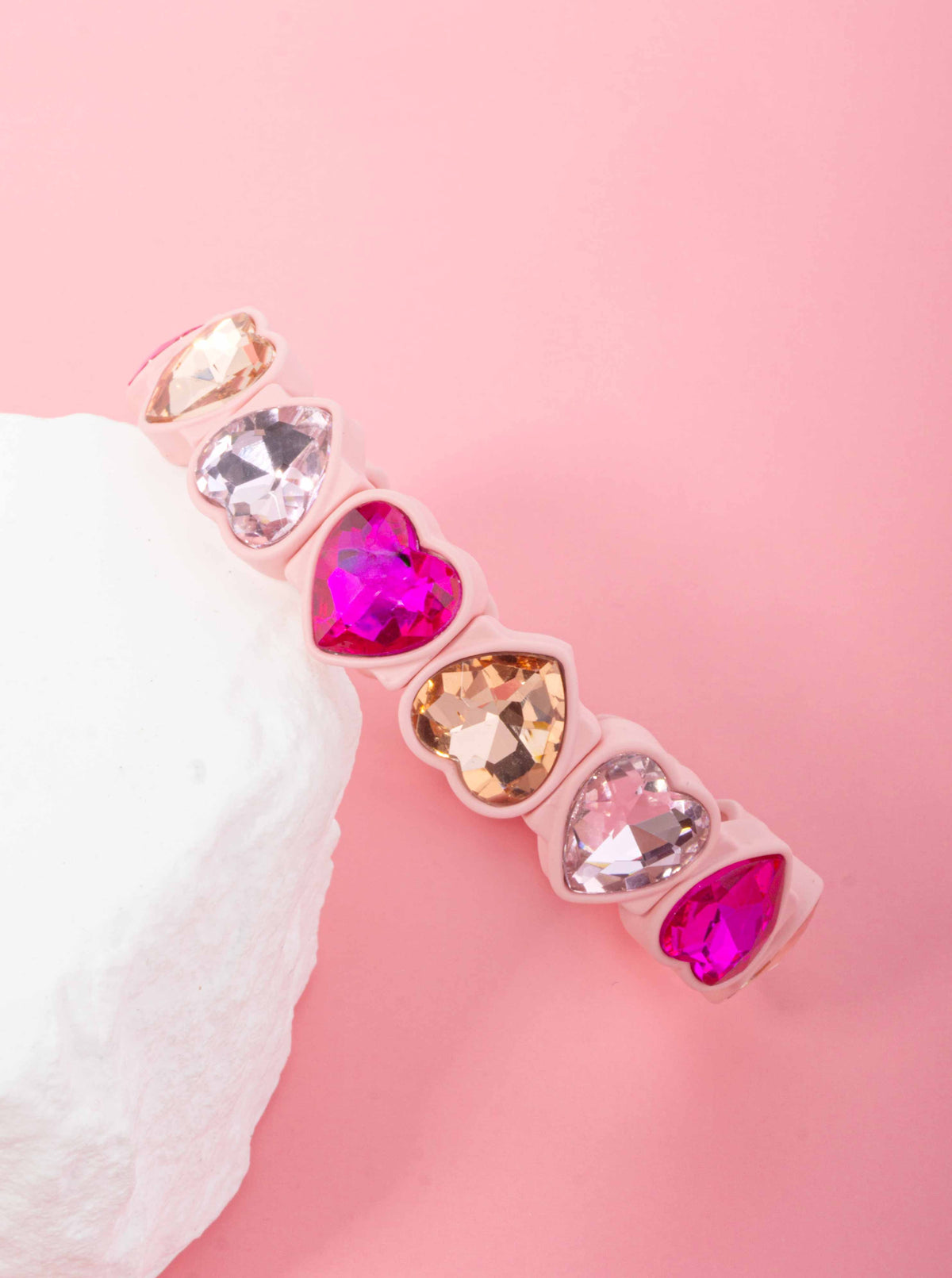 Faceted Crystal Heart Stretch Strand Bracelet - PINK