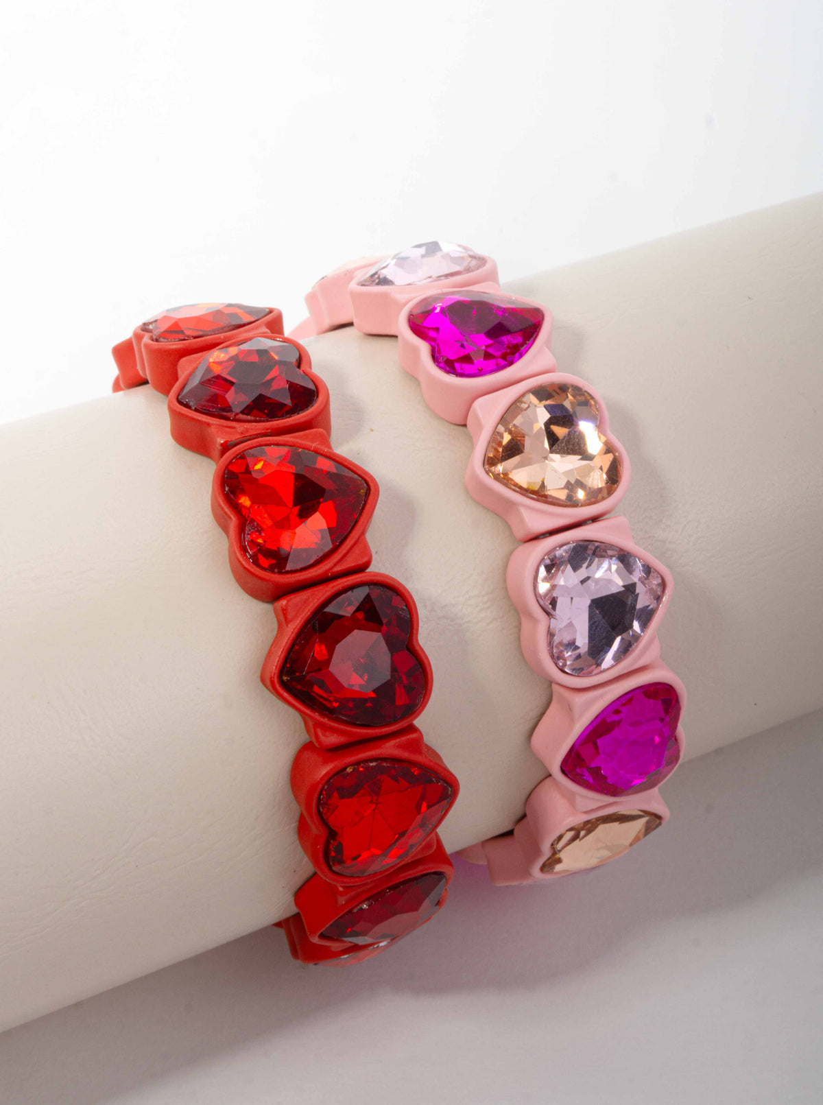 Faceted Crystal Heart Stretch Strand Bracelet - PINK