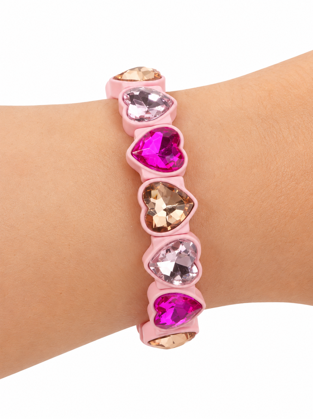Faceted Crystal Heart Stretch Strand Bracelet - PINK
